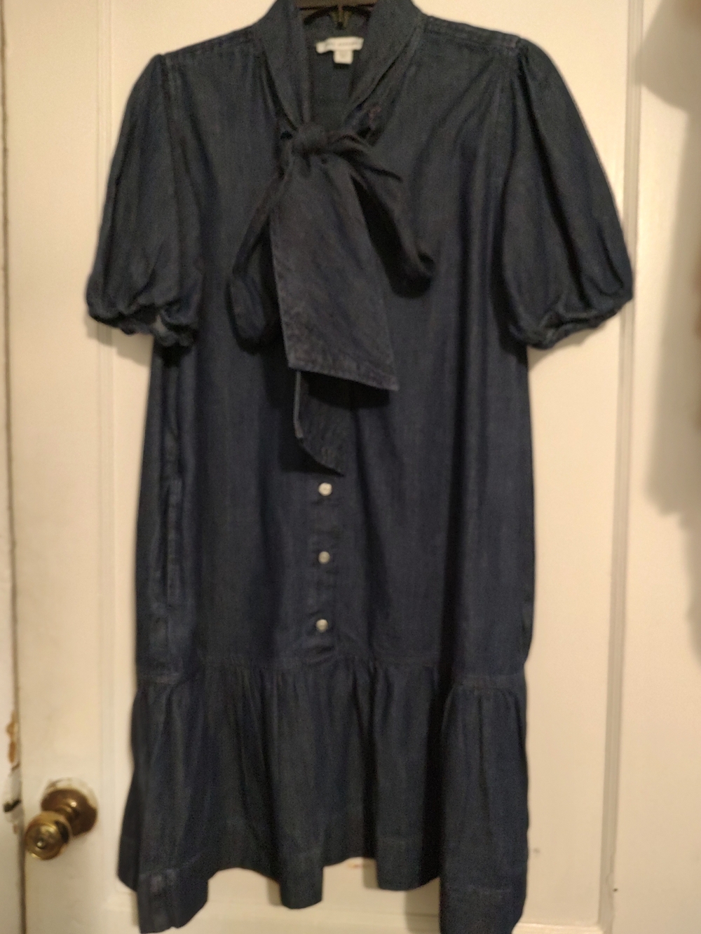 Free Assembly Denim Tie-Neck Dress in Dark Blue